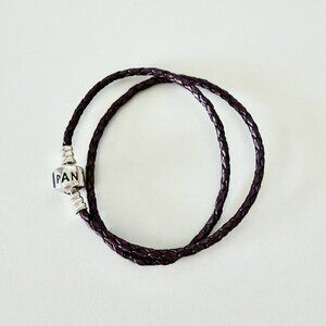 PANDORA Dark Purple Double Wrap Braided Leather Charm Bracelet